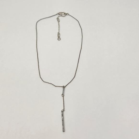 Kenneth Cole Silver Tone Y Drop Chain Necklace Clear Crystal Bar Minimalist - Picture 3 of 6